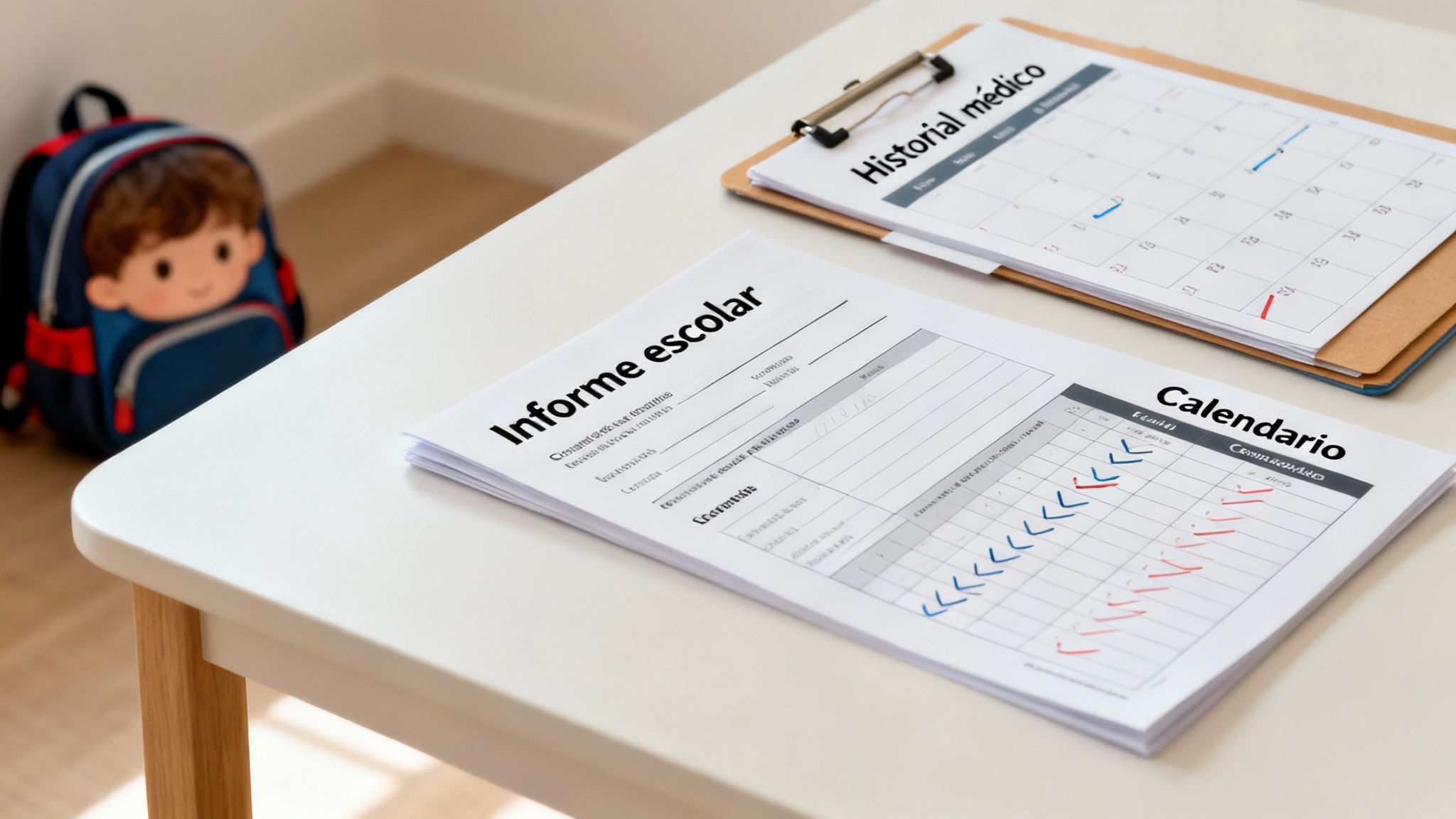 Documentos escolares y médicos, junto a un calendario, sobre una mesa con una mochila infantil.