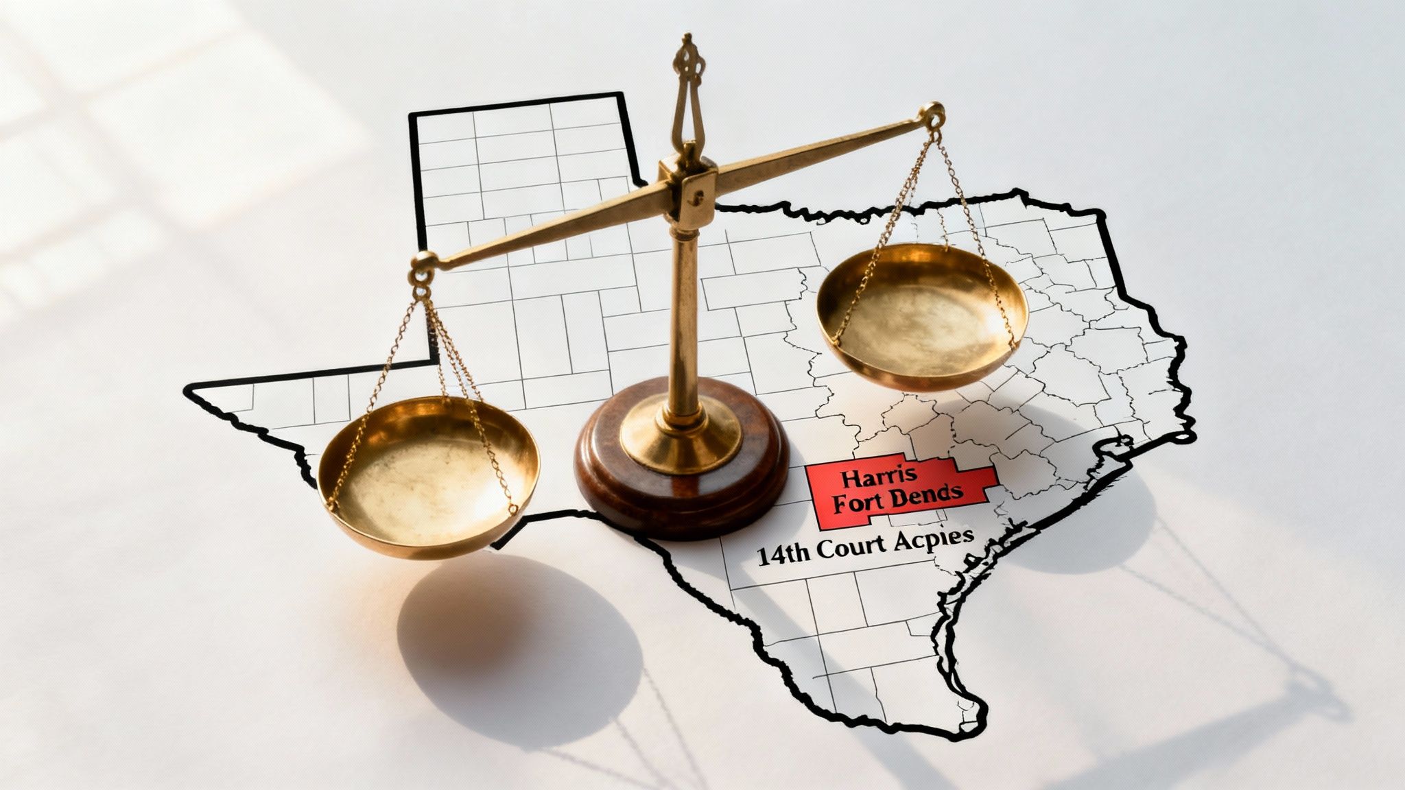 Scales of justice positioned over a map of Texas highlighting Harris and Fort Bend counties, representing the 14th Court of Appeals and its role in family law appeals.