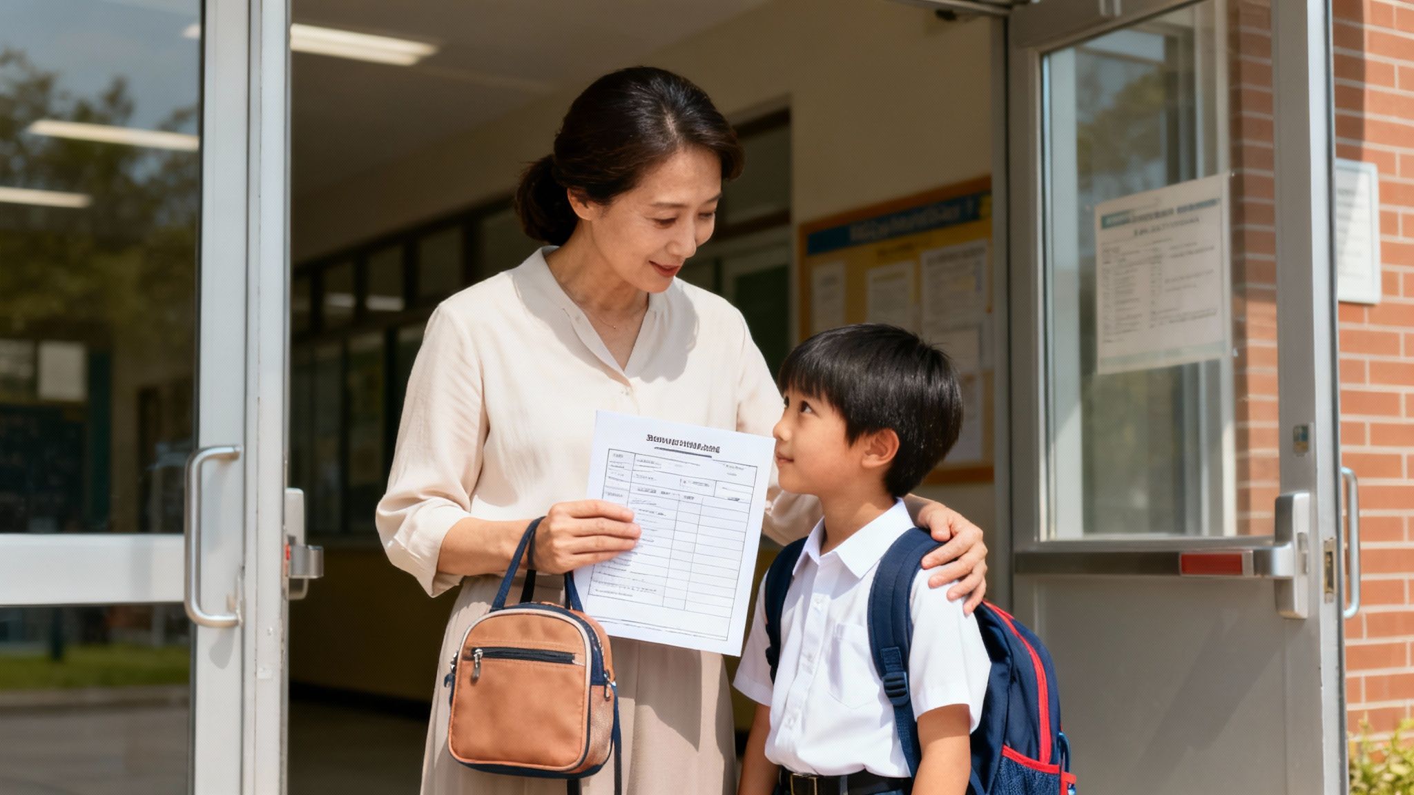 A caring adult helps a child with their homework at a kitchen table, showing a supportive and stable environment.