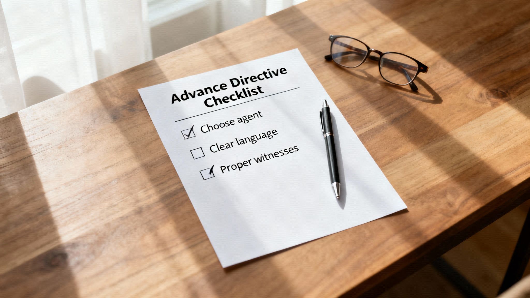 Advance directive checklist on a wooden table with a pen and glasses, highlighting the importance of choosing an agent, using clear language, and having proper witnesses for healthcare planning.