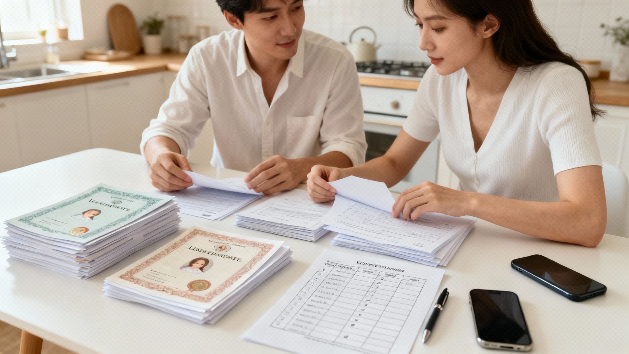 A hopeful couple sits together at a kitchen table, smiling and organizing adoption paperwork.
