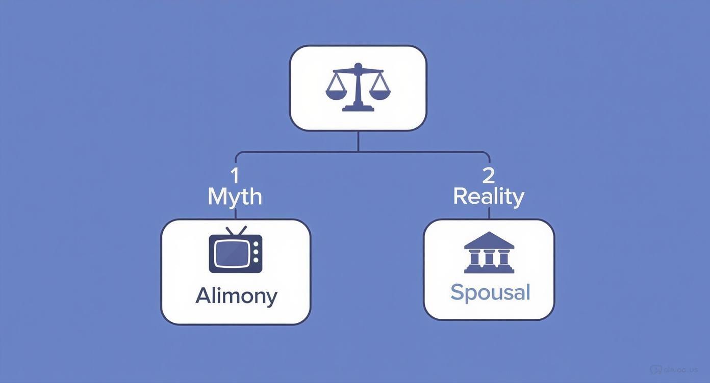 Diagram contrasting the myth of alimony (TV) with the reality of spousal support in legal context.