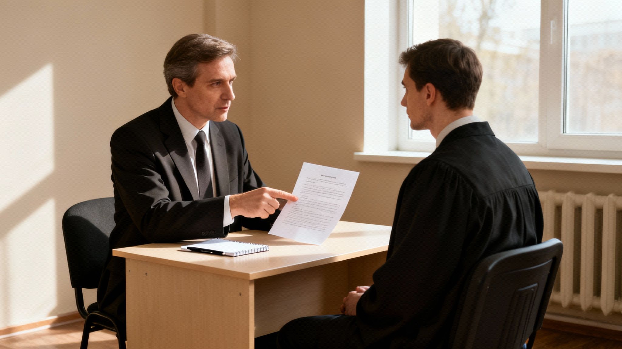 Two men, one in a suit, one in a robe, discuss a legal document in an office setting.