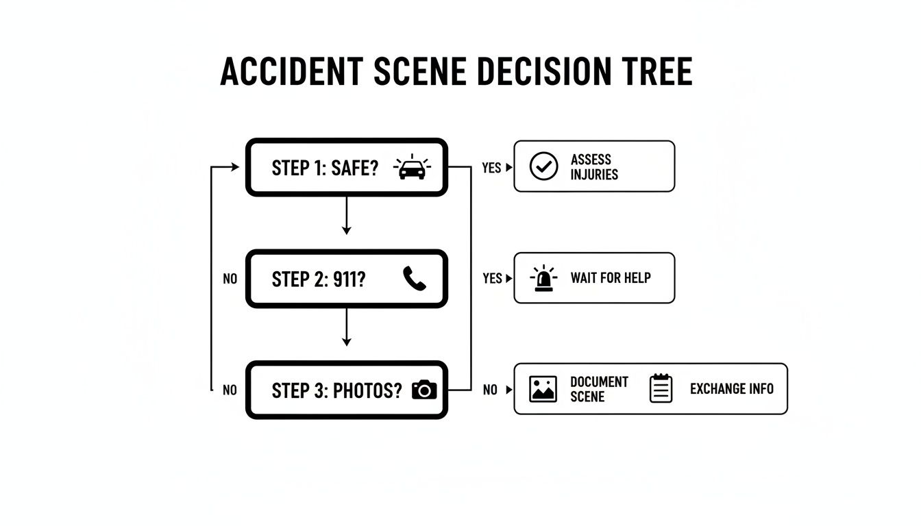 A flow chart titled 'Accident Scene Decision Tree' detailing steps to take after an accident, including assessing safety, calling 911, taking photos, documenting the scene, and exchanging information.