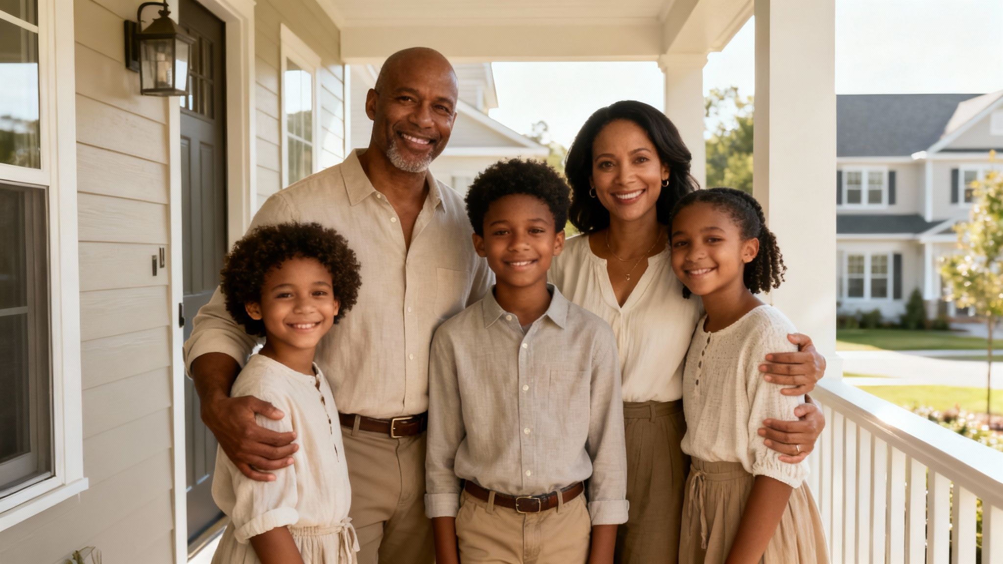 Smiling blended family of five standing on a porch, representing the importance of estate planning for blended families in Texas.