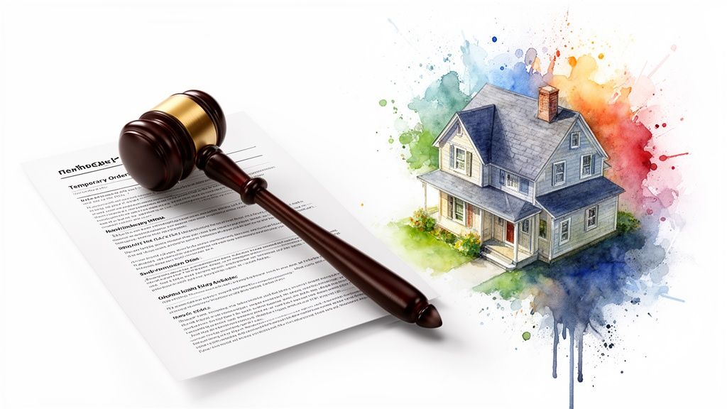 Gavel resting on a temporary order document beside an illustrated house, symbolizing property division and legal processes in Texas divorce proceedings.