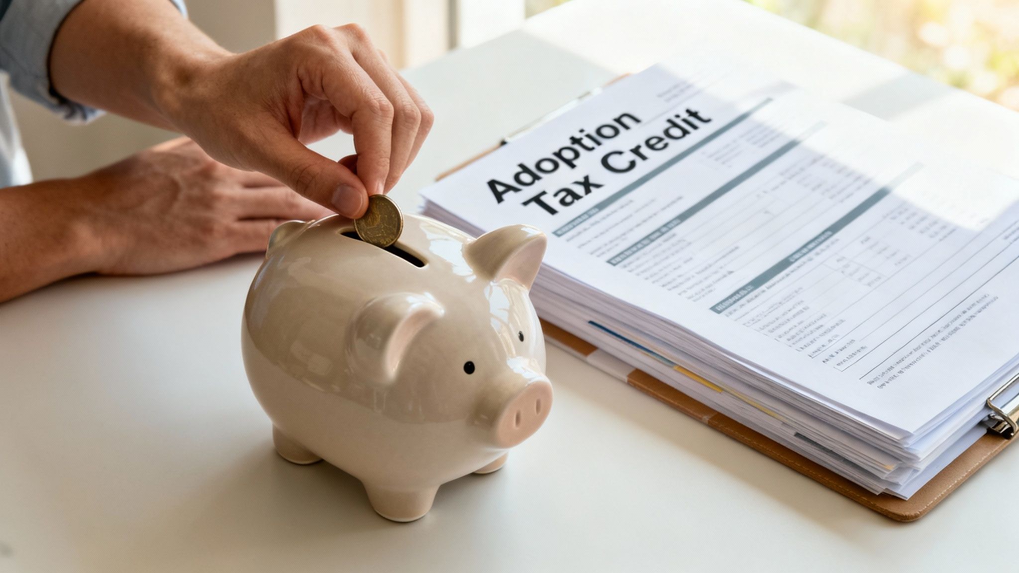 A person's hand drops a coin into a piggy bank next to an 'Adoption Tax Credit' document.