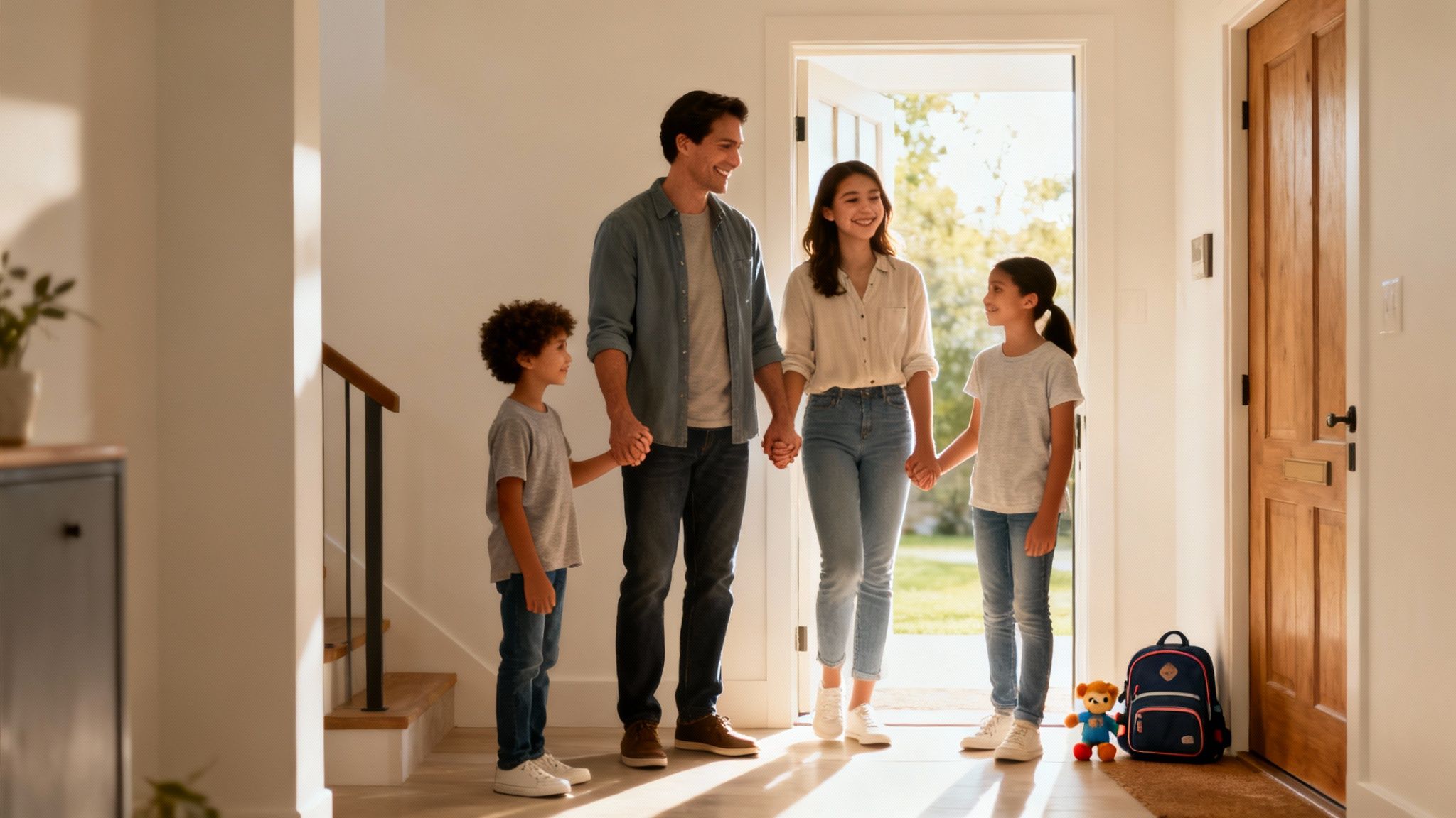 Happy family of four entering their new home together holding hands with children