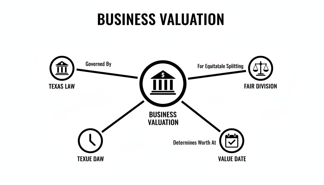 A diagram showing business valuation, governed by Texas law for equitable splitting and fair division at a value date.