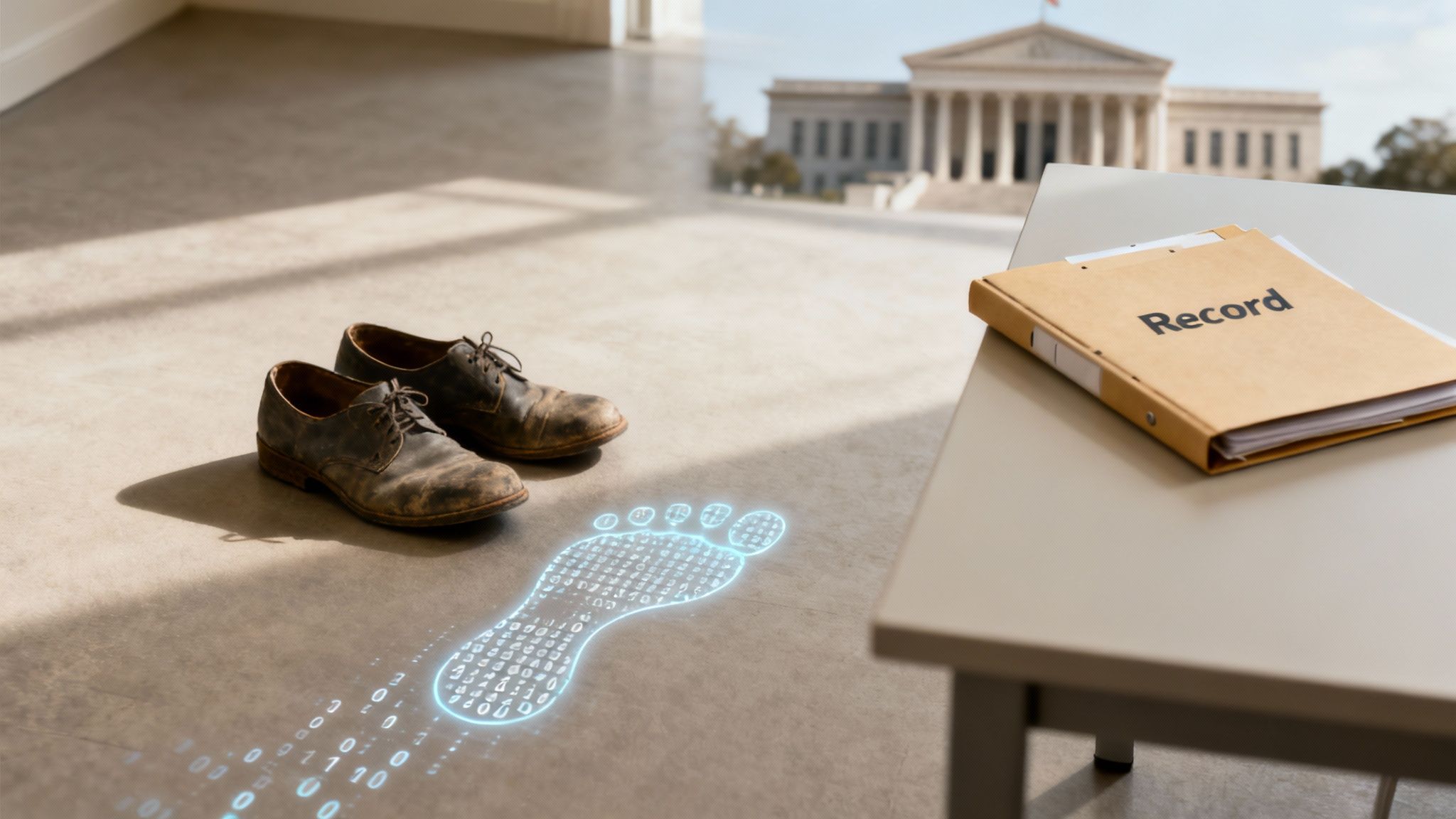 Worn shoes beside a digital footprint made of binary code, with a file labeled "Record" on a table, symbolizing the permanence of criminal records in Texas.
