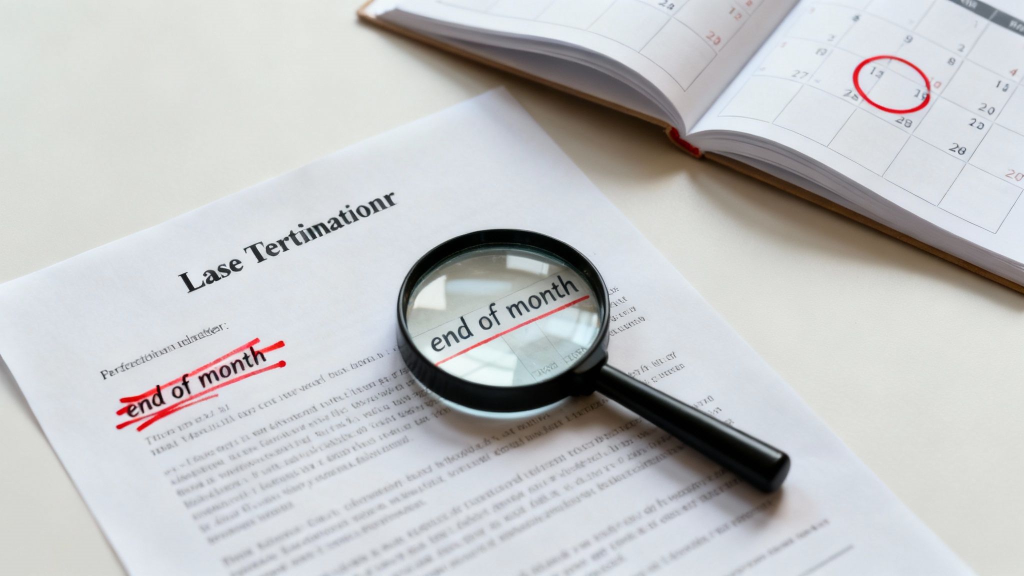 Lease termination notice with "end of month" highlighted, magnifying glass emphasizing timing details, and calendar in background for deadline reference.