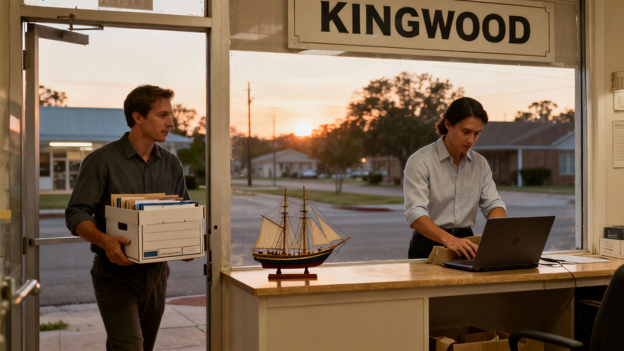 Two men in an office in Kingwood, Texas; one carrying a box of documents and the other working on a laptop, symbolizing the process of winding up a partnership.