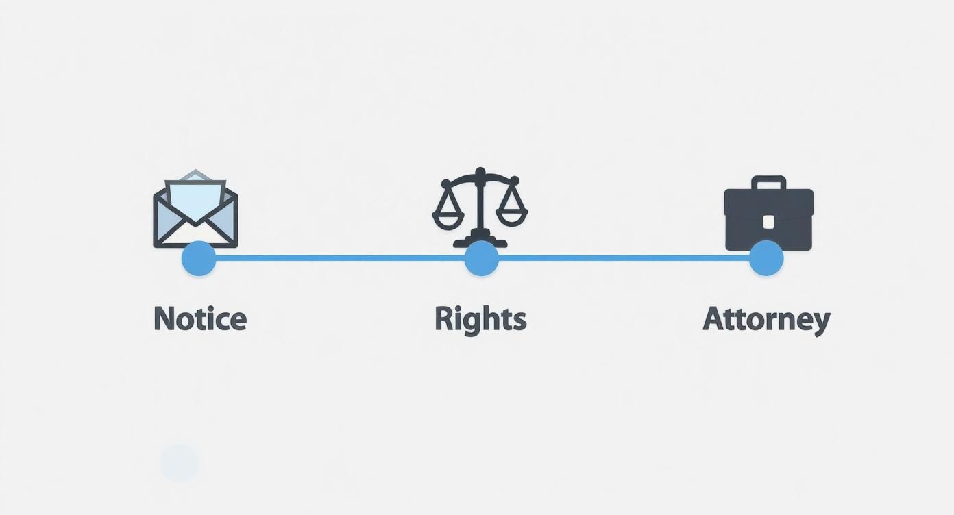 Graphic illustrating the eviction process steps: notice, rights, and attorney, emphasizing tenant rights and legal support in eviction cases.