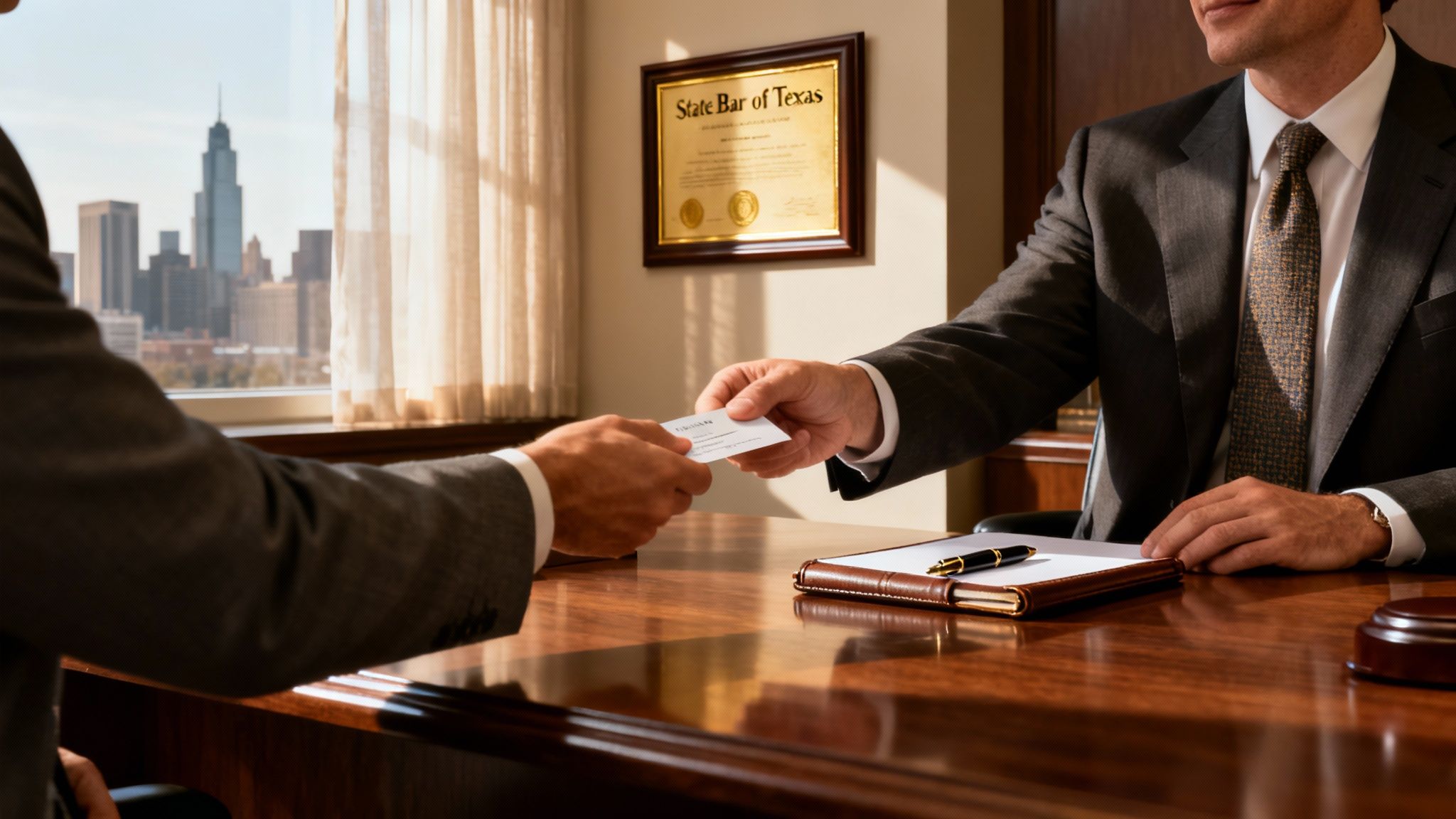 A legal professional reviewing a case file with a client in a modern office.