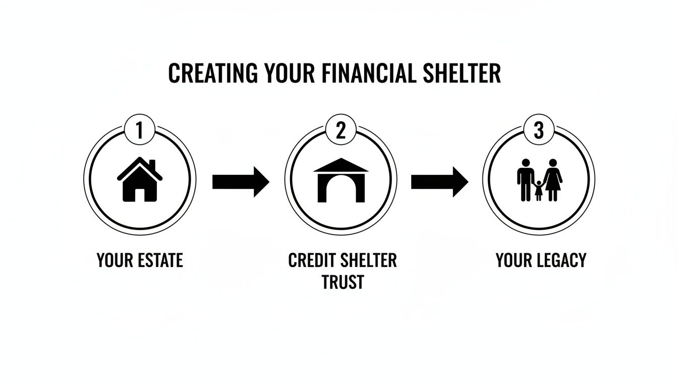 Diagram illustrating the process of creating a credit shelter trust, showing steps from "Your Estate" to "Credit Shelter Trust" and finally to "Your Legacy," emphasizing estate planning and asset protection.