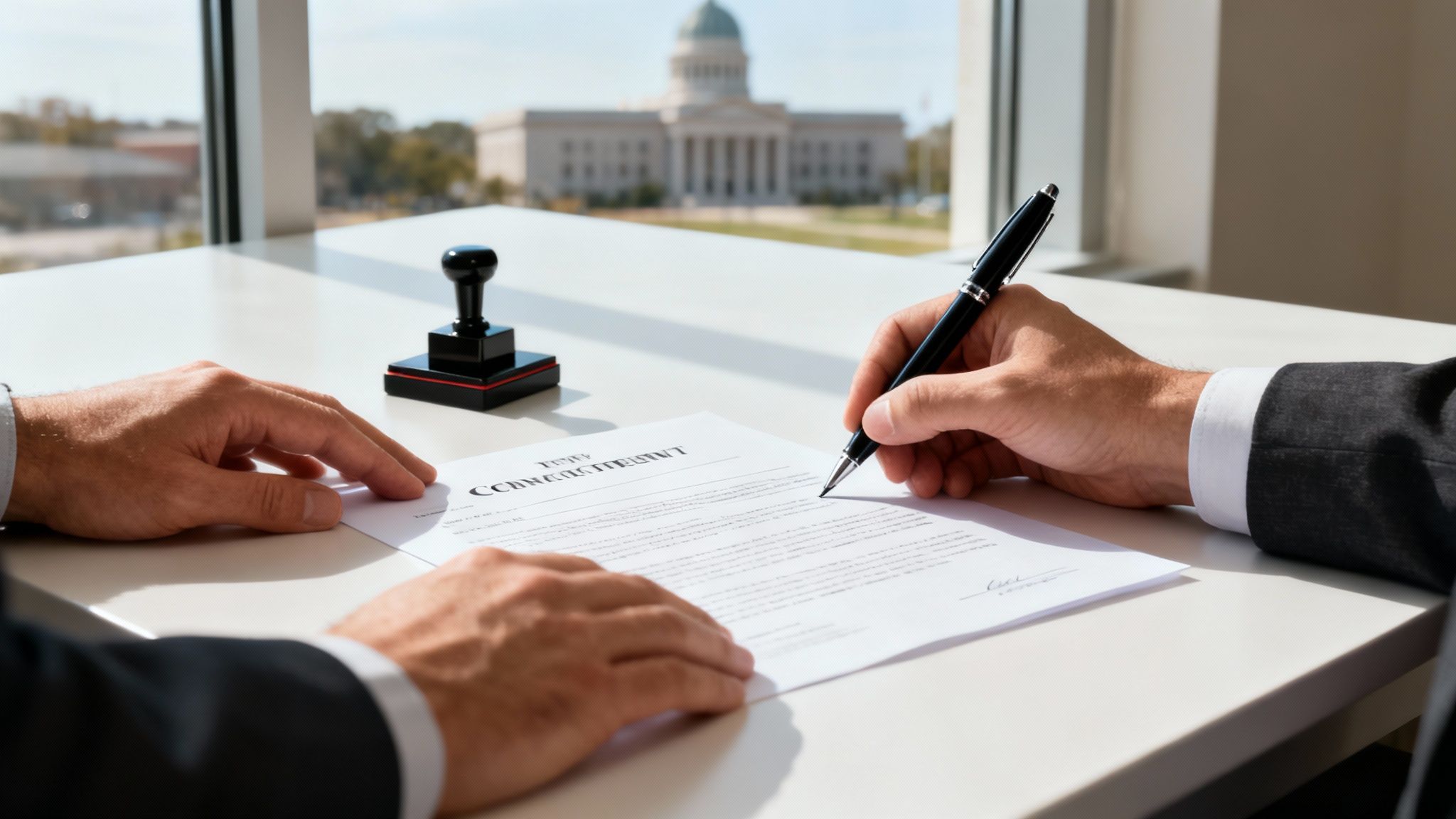 A person in a suit signs a legal document with a pen on a desk, a government building visible through the window.