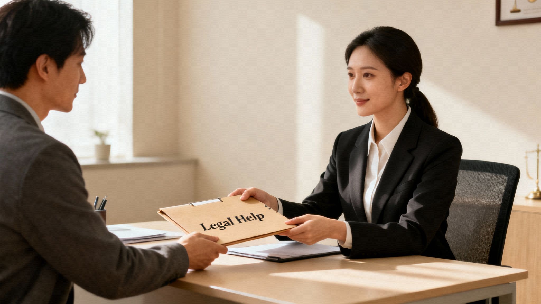 A smiling lawyer in a suit hands a folder labeled 'Legal Help' to a male client.