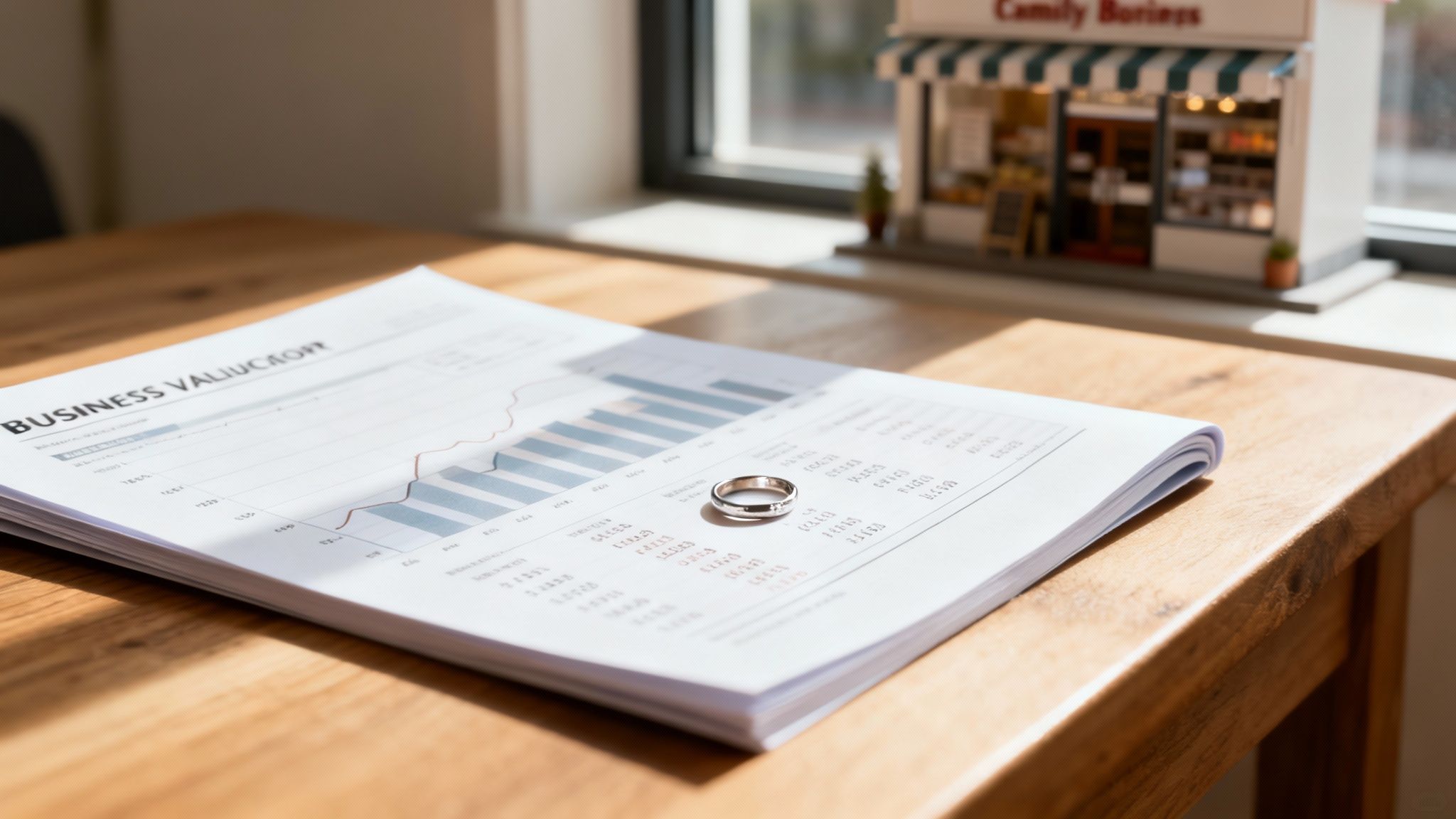 A silver wedding band rests on business valuation documents, symbolizing marital assets and divorce.