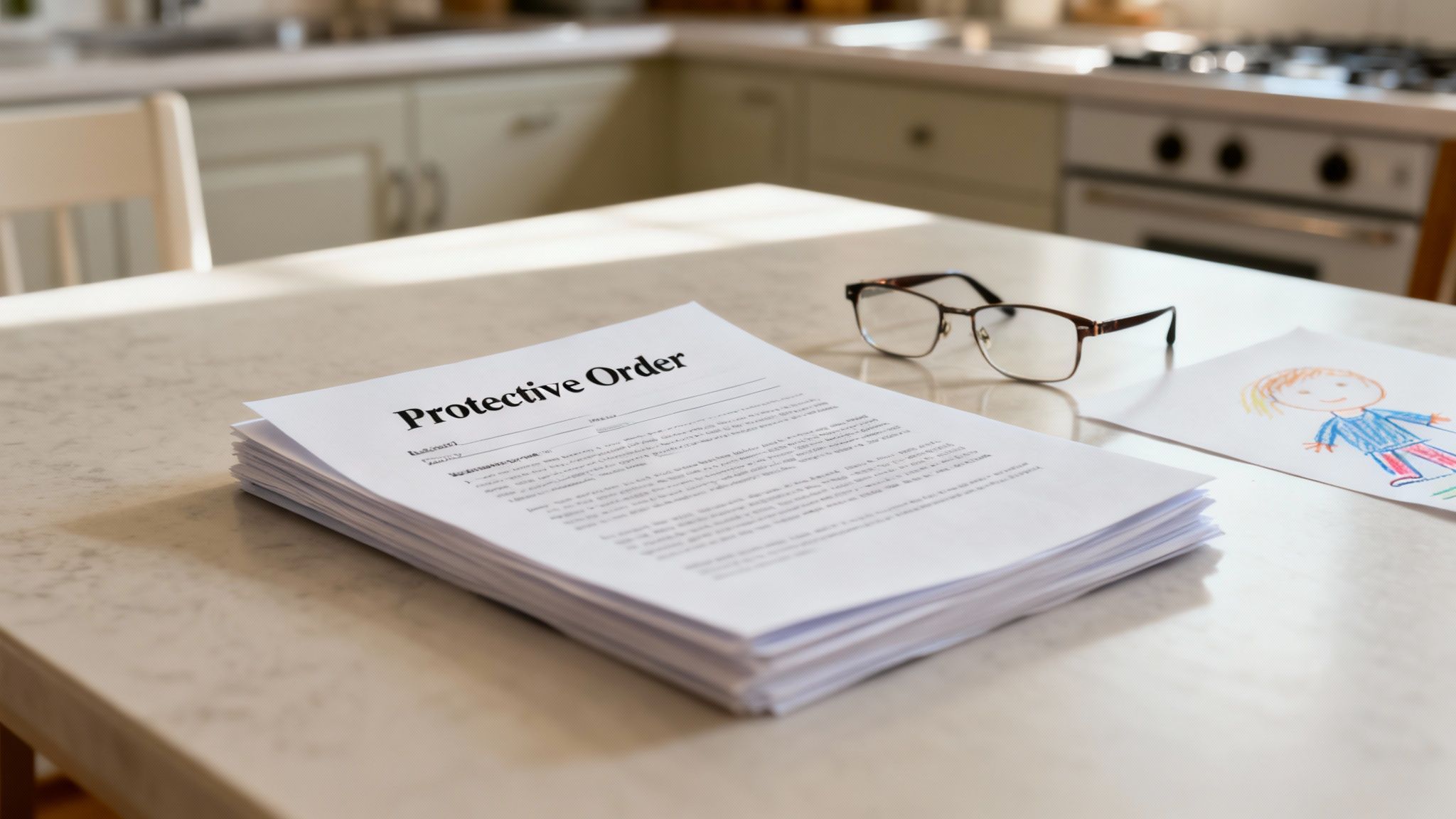 A stack of 'Protective Order' documents with glasses and a child's drawing on a kitchen table.