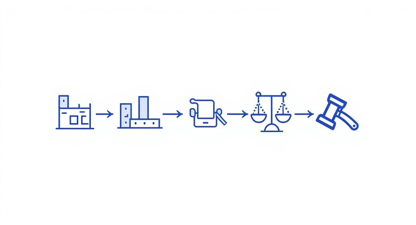 A series of icons illustrating the legal process from initial property/business assessment to final judgment.