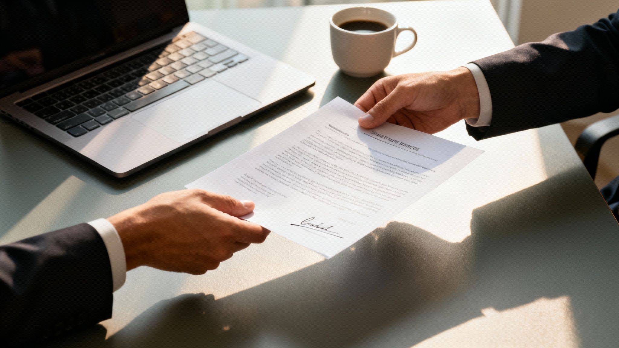 Two professionals exchanging a signed document across a desk with a laptop and coffee.