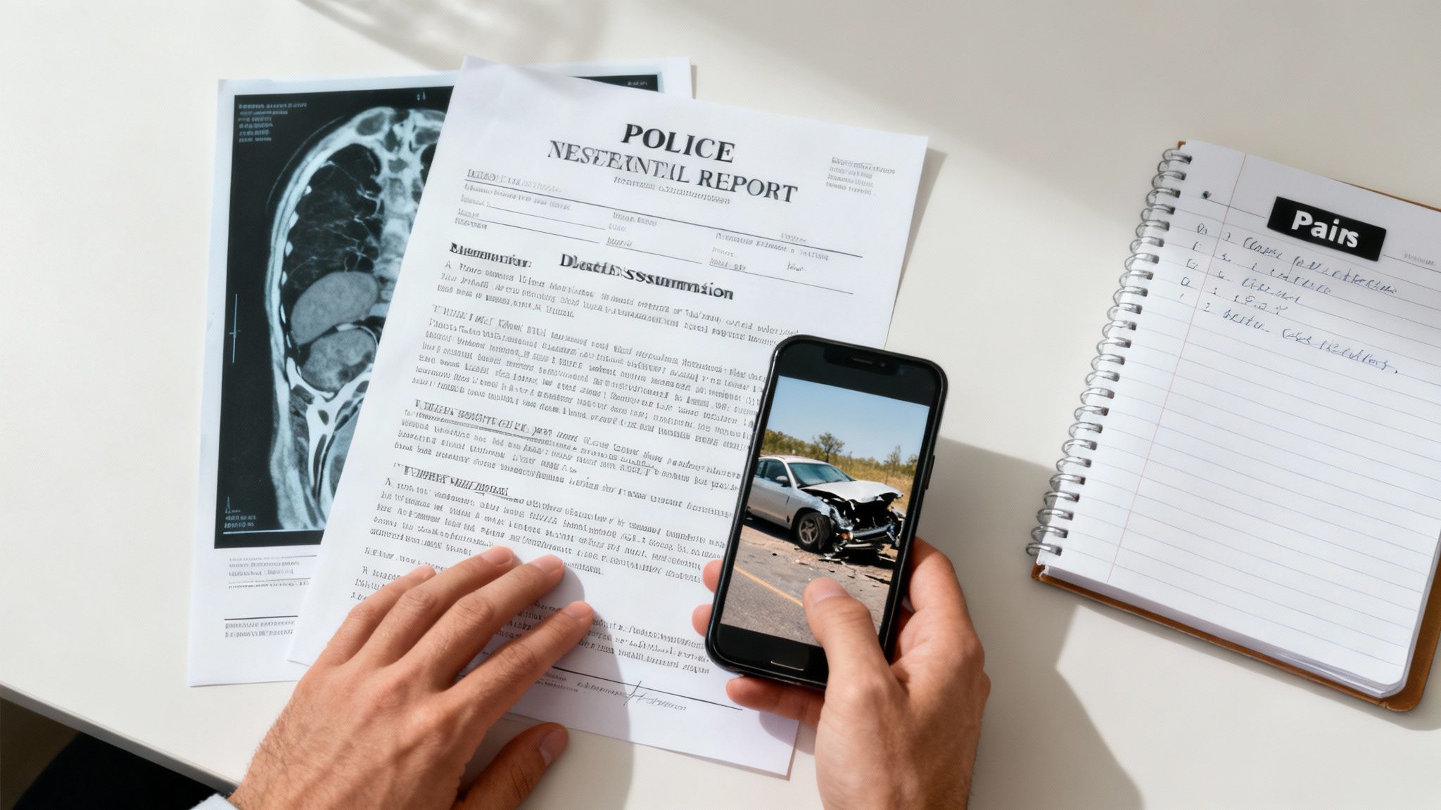 Hands reviewing a police report, a medical CT scan, and a smartphone displaying a car crash photo.