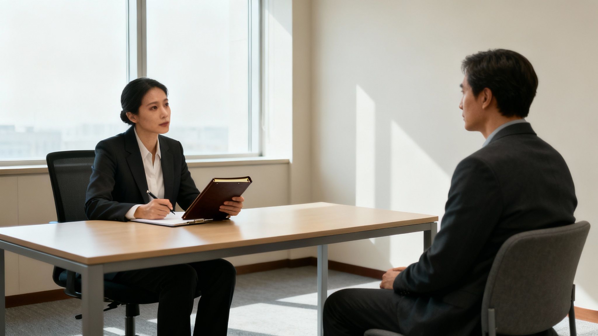 Professional lawyer interviewing client in modern office discussing legal case during consultation meeting