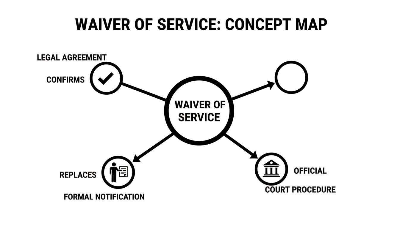 A concept map showing 'Waiver of Service' connected to legal agreements, formal notification, and official court procedures.