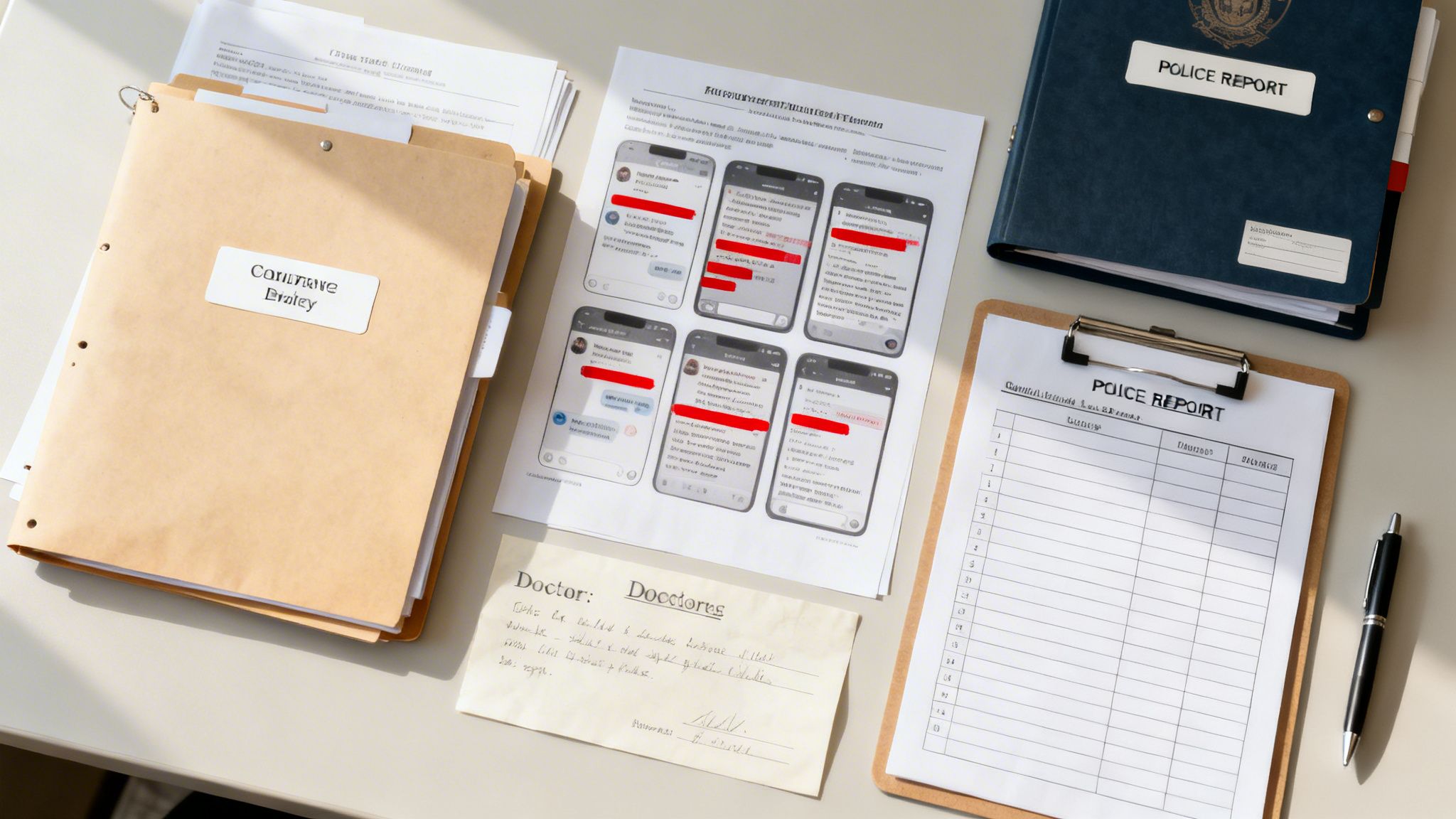 Desk with police reports, case files for Corinne Braley, phone message evidence, and a doctor's note.