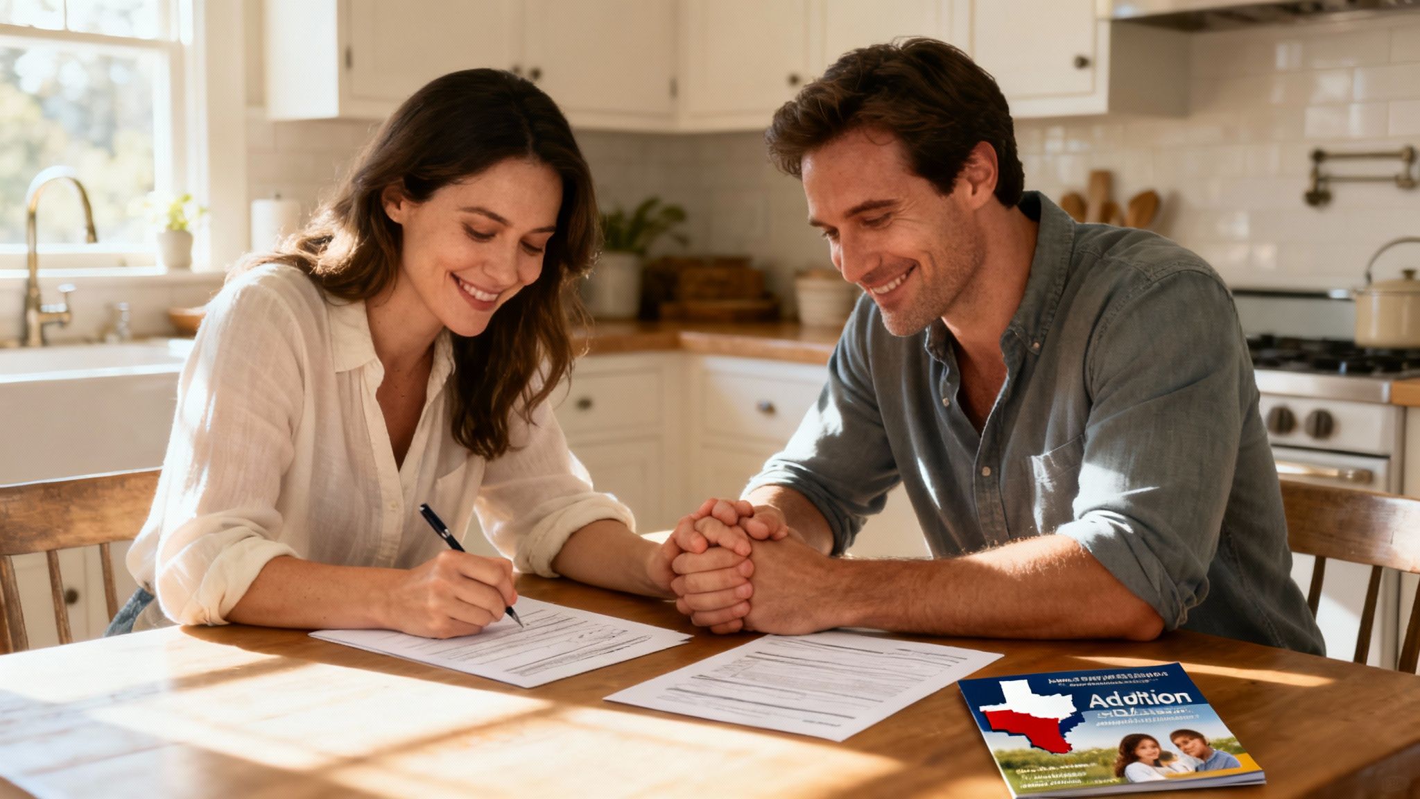Couple smiling and signing adoption paperwork at a kitchen table, with a Texas adoption resource booklet visible.