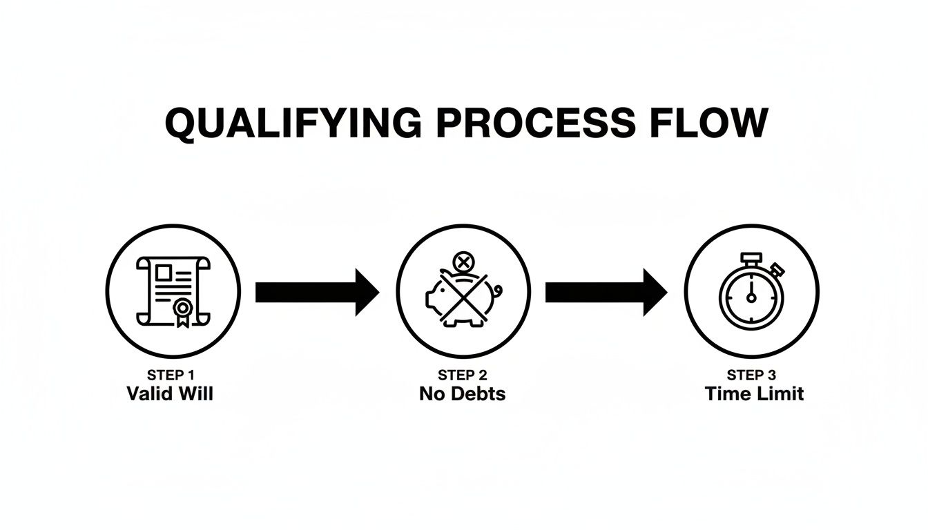 Flowchart illustrating a qualifying process with three steps: Valid Will, No Debts, and Time Limit.
