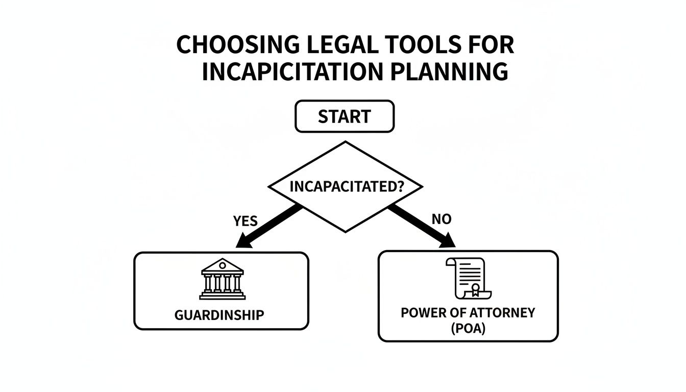 Flowchart illustrating decision-making process for guardianship versus power of attorney in incapacity planning, featuring "Incapacitated?" decision point with paths leading to "Guardianship" and "Power of Attorney (POA)."