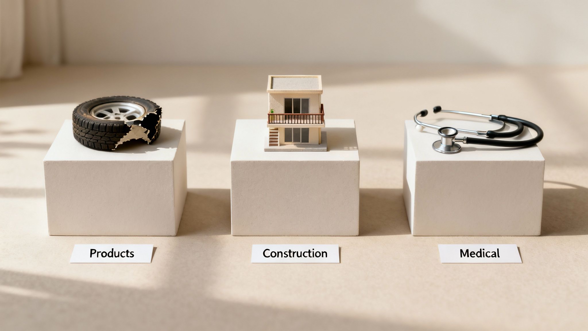Three pedestals displaying a car tire, a house model, and a stethoscope for products, construction, and medical.