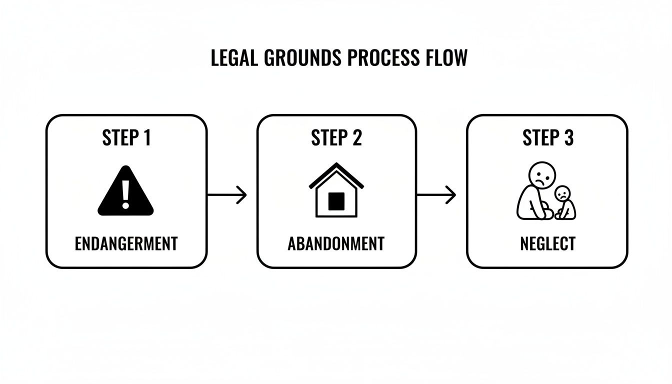 A legal grounds process flow diagram showing three steps: endangerment, abandonment, and neglect.
