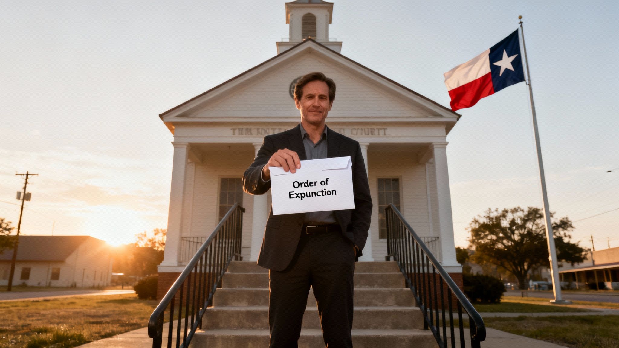 A man holds an 'Order of Expunction' envelope in front of a court building with a Texas flag.