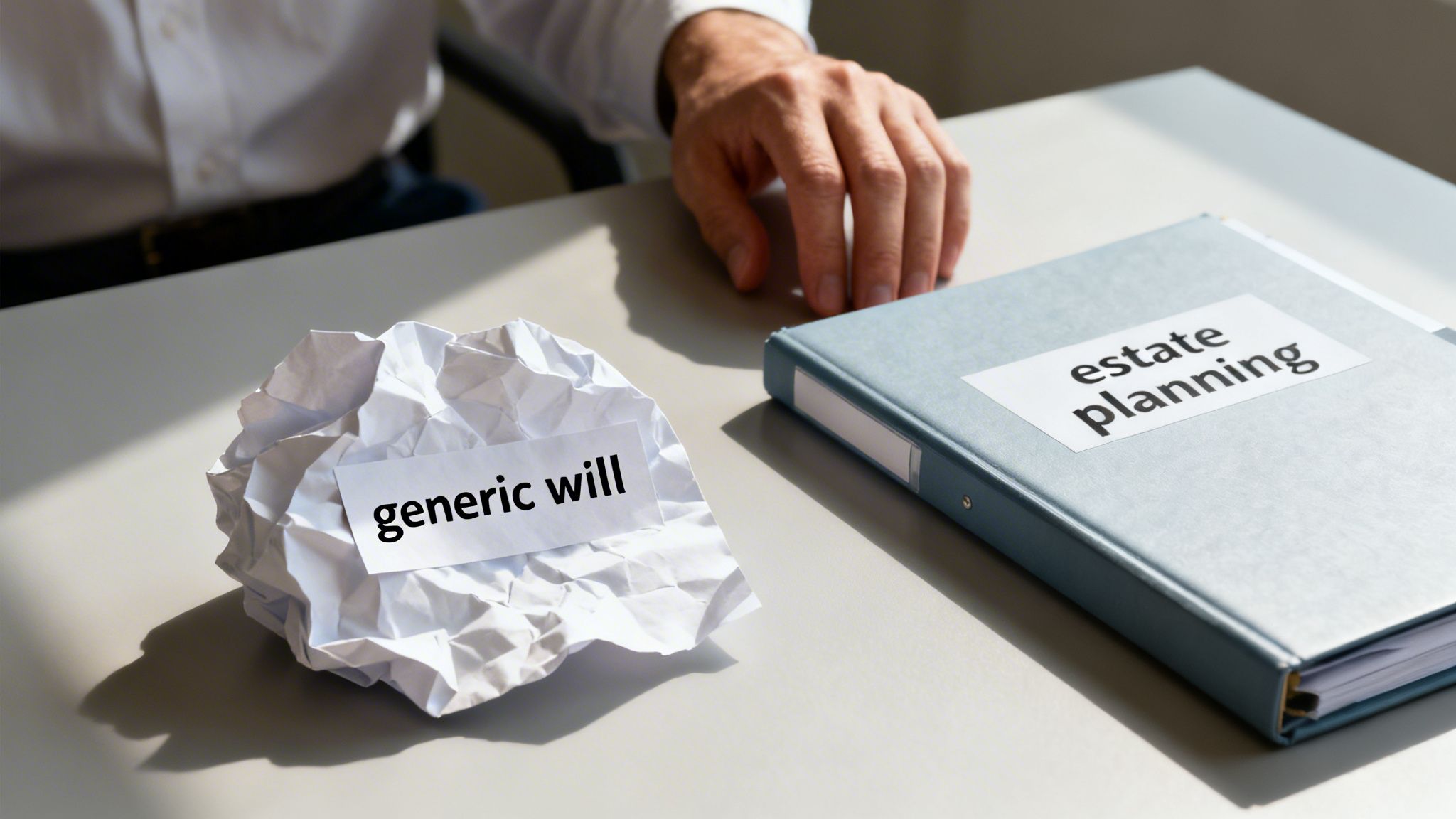 A crumpled 'generic will' paper next to an 'estate planning' binder on a table.