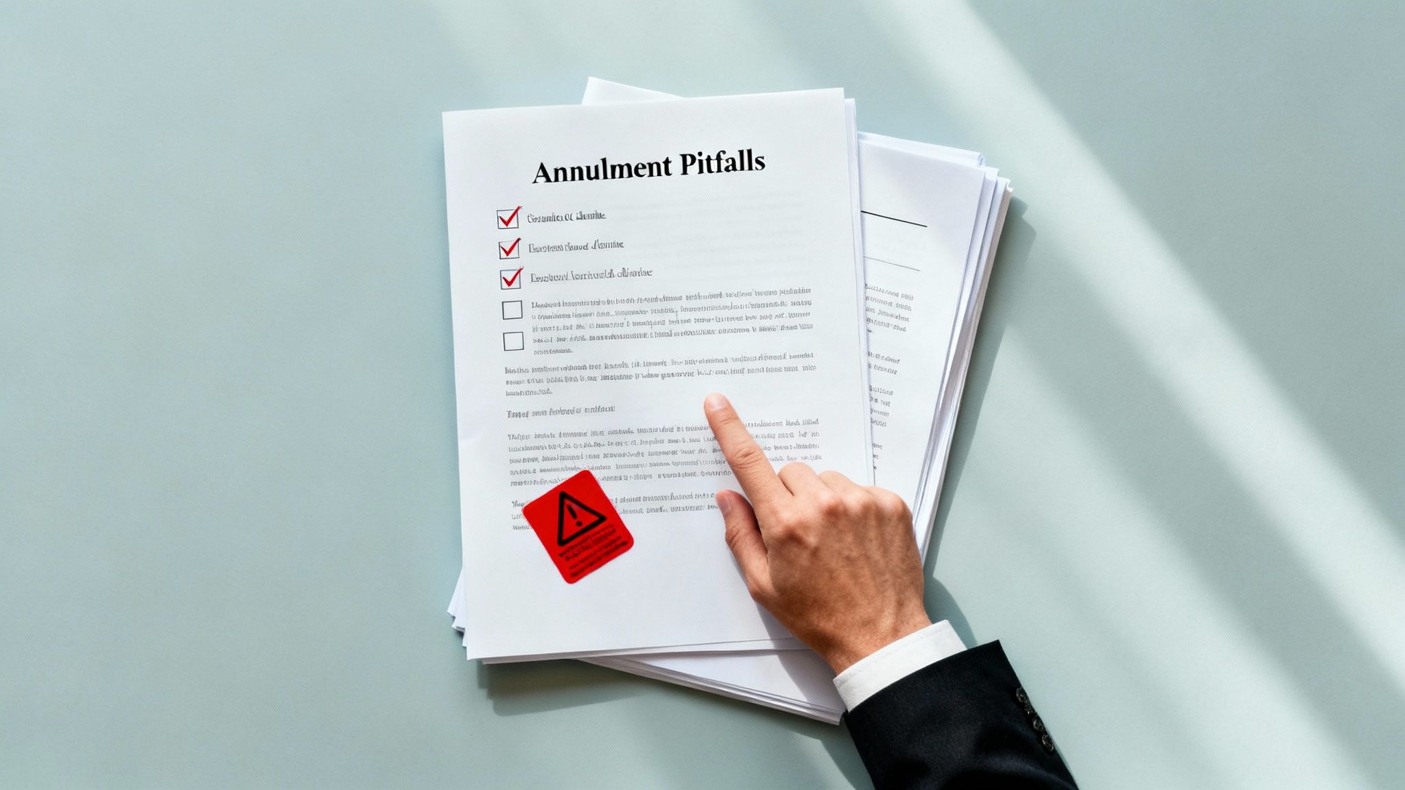 Annulment pitfalls checklist with checked boxes highlighting key mistakes to avoid, hand pointing to important information, and warning label indicating caution in the annulment process.