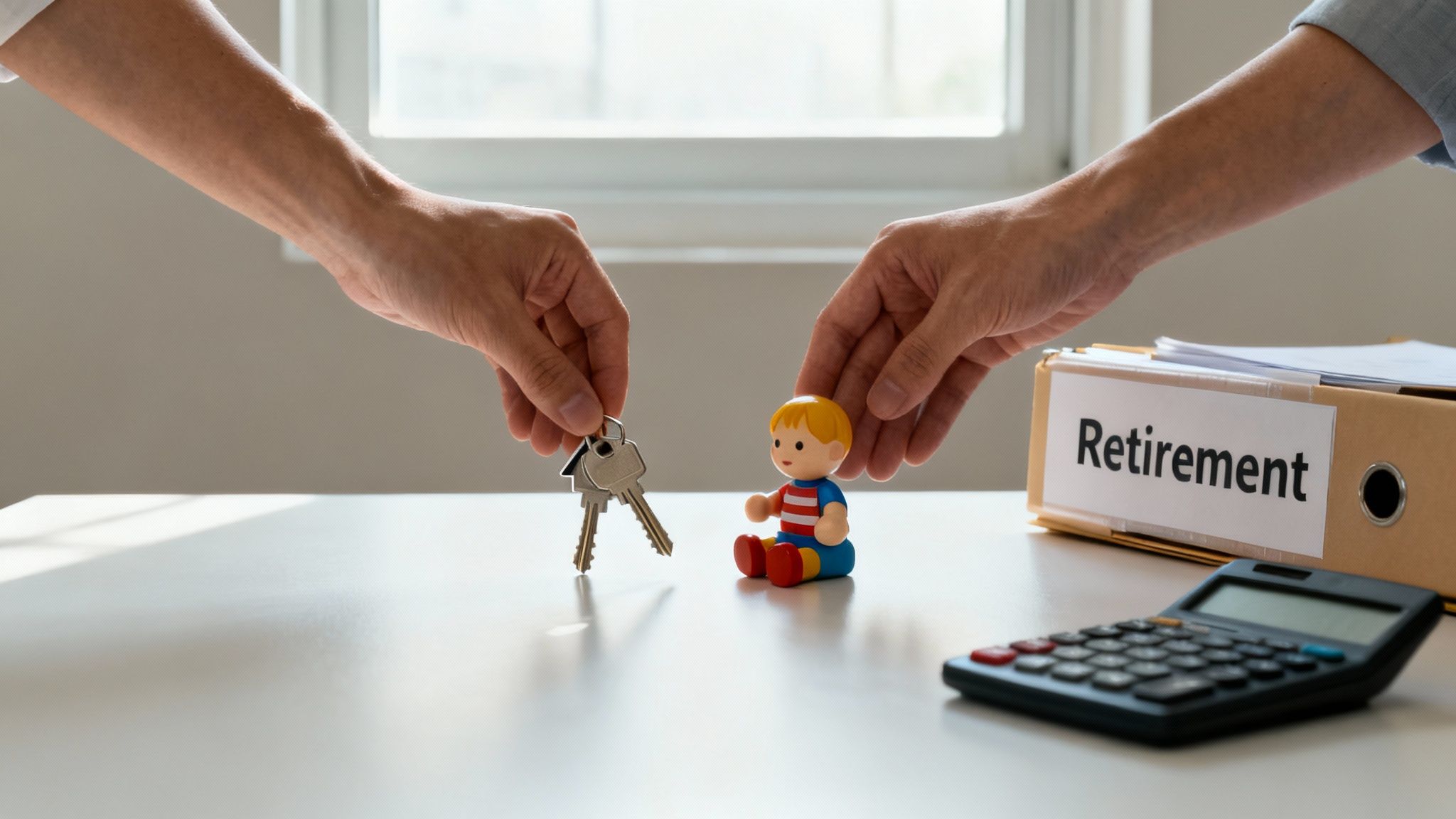 Hands holding house keys and a child figurine, with a retirement file and calculator, depicting divorce and asset division.