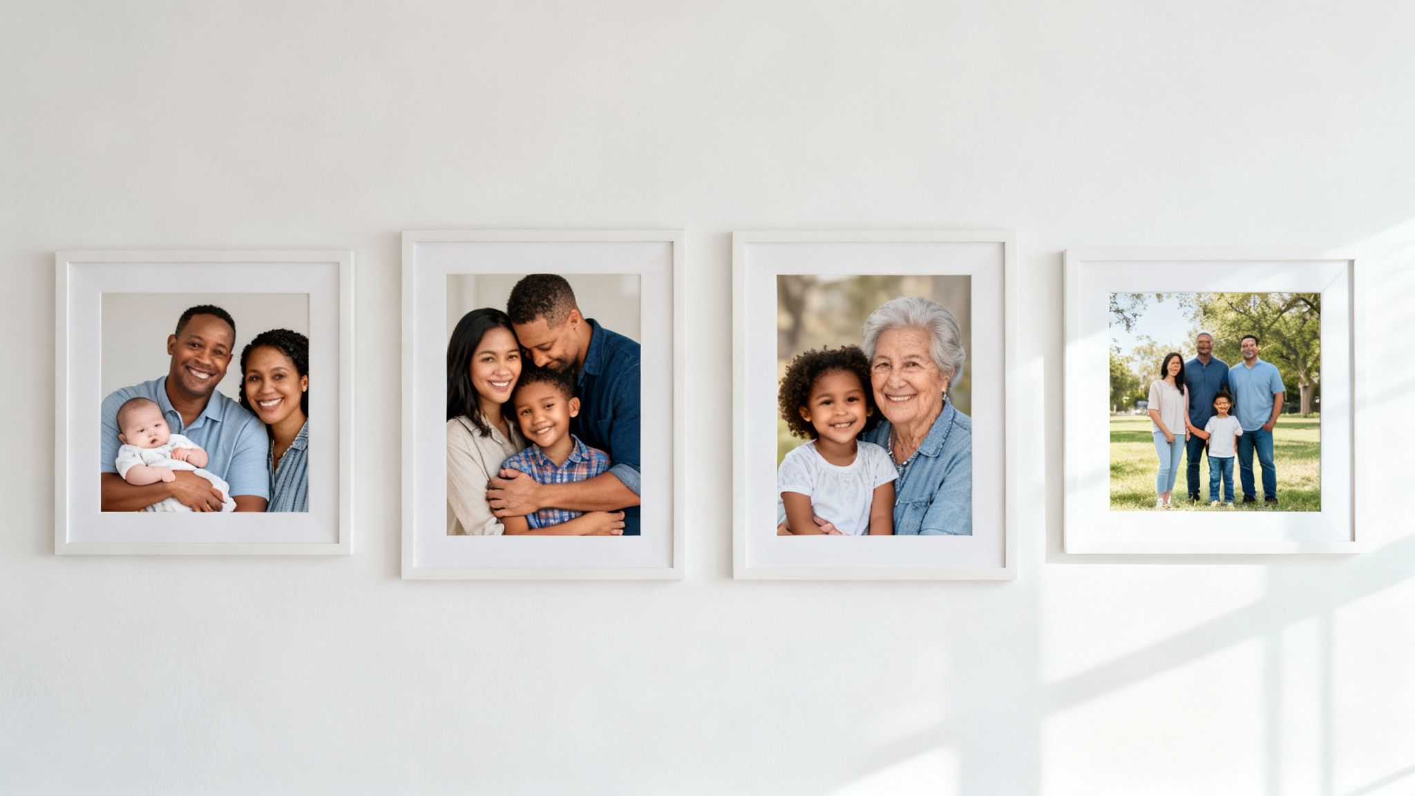 Four framed family portraits, showing diverse multi-generational families, displayed on a clean white wall.