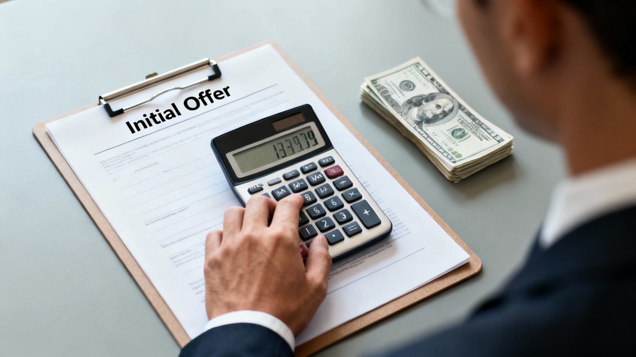 A person uses a calculator next to an 'Initial Offer' document and a stack of hundred-dollar bills.