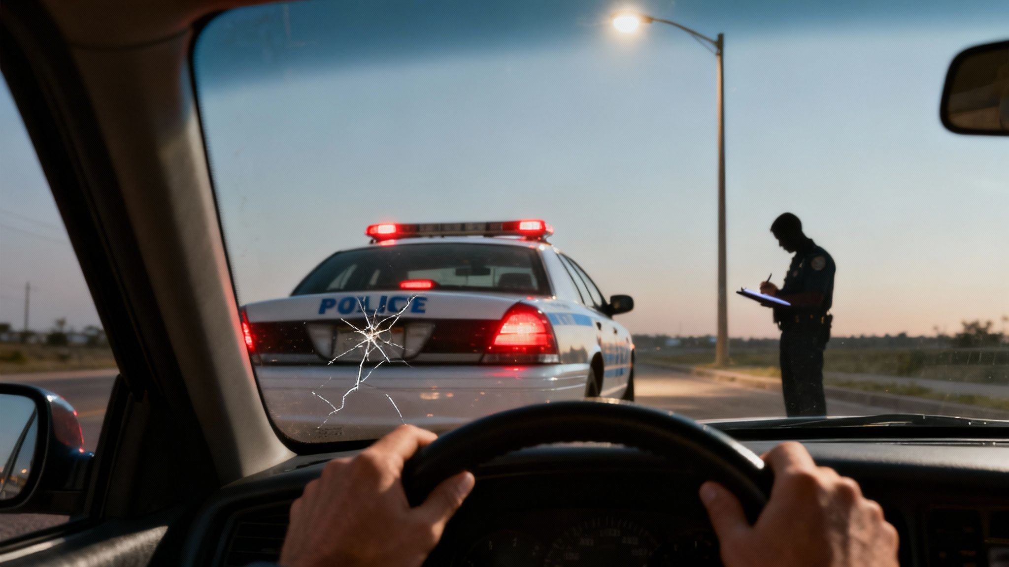 A police officer's patrol car on the side of a road at night