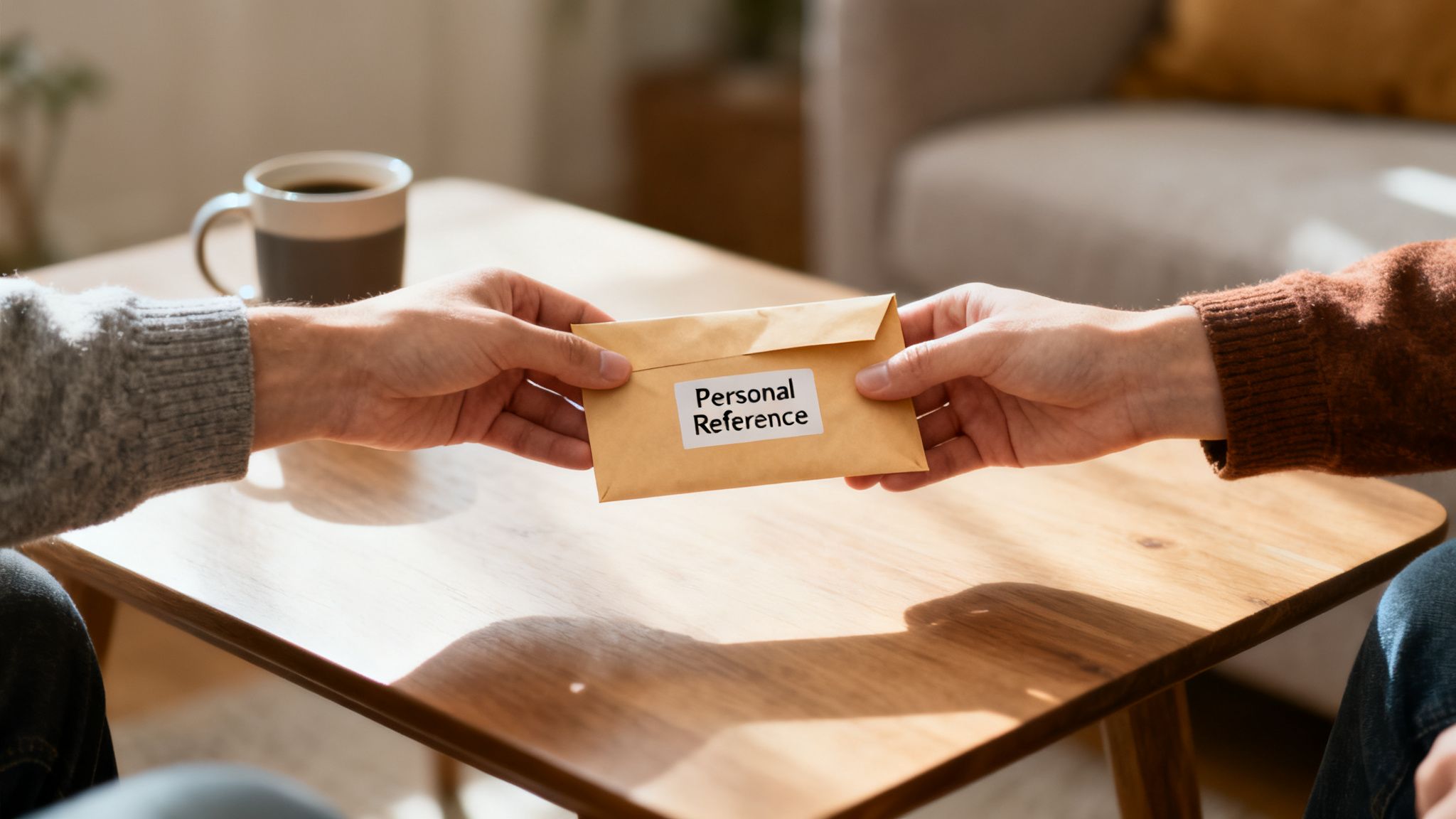 Two people exchanging a personal reference letter in a brown envelope over a wooden table.