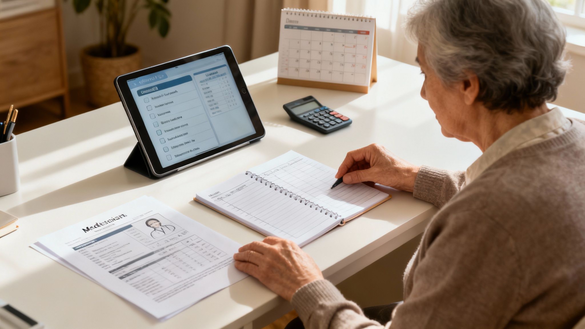An elderly woman sits at a desk, looking at a tablet and writing in a notebook.