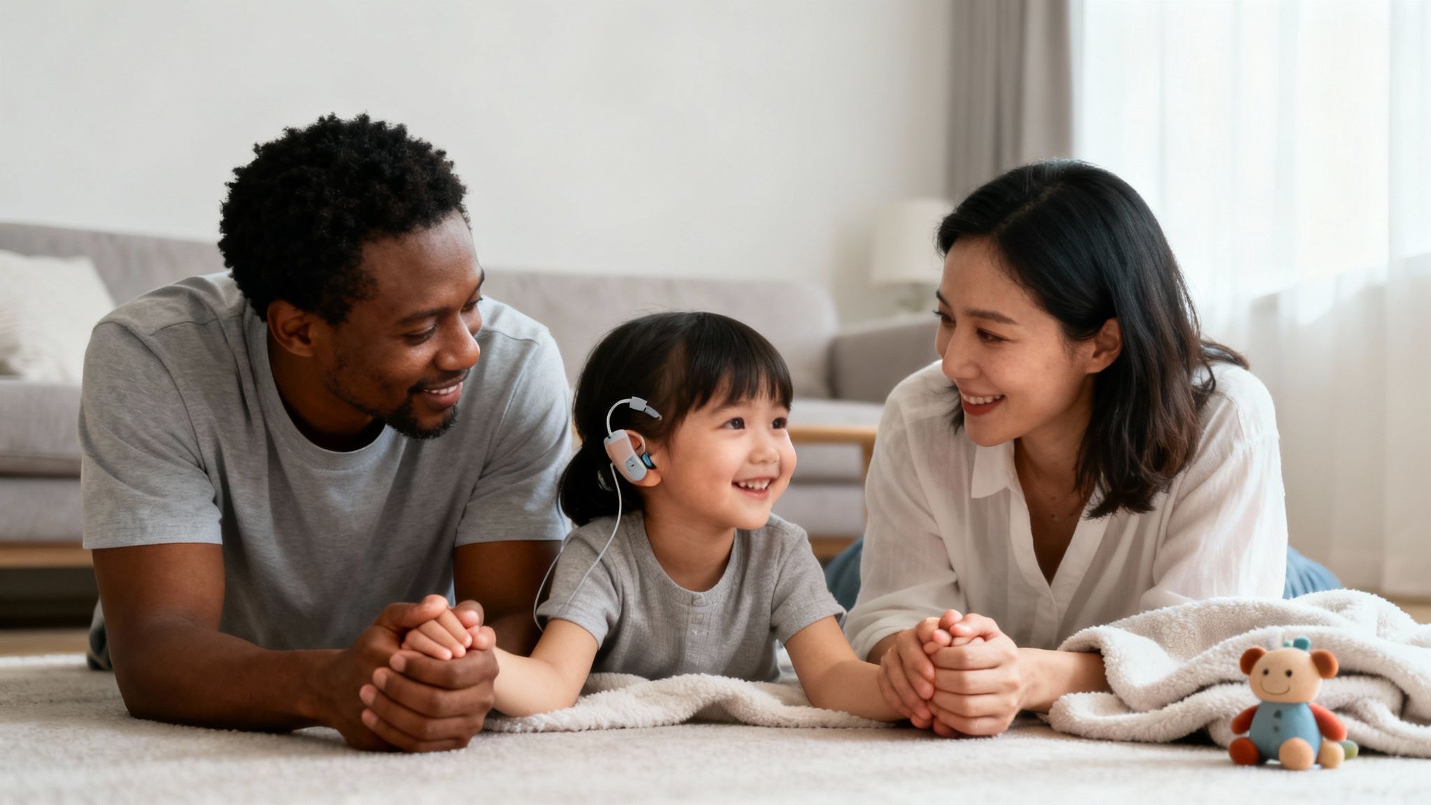 A happy diverse family with a child wearing a hearing aid lying on a rug.