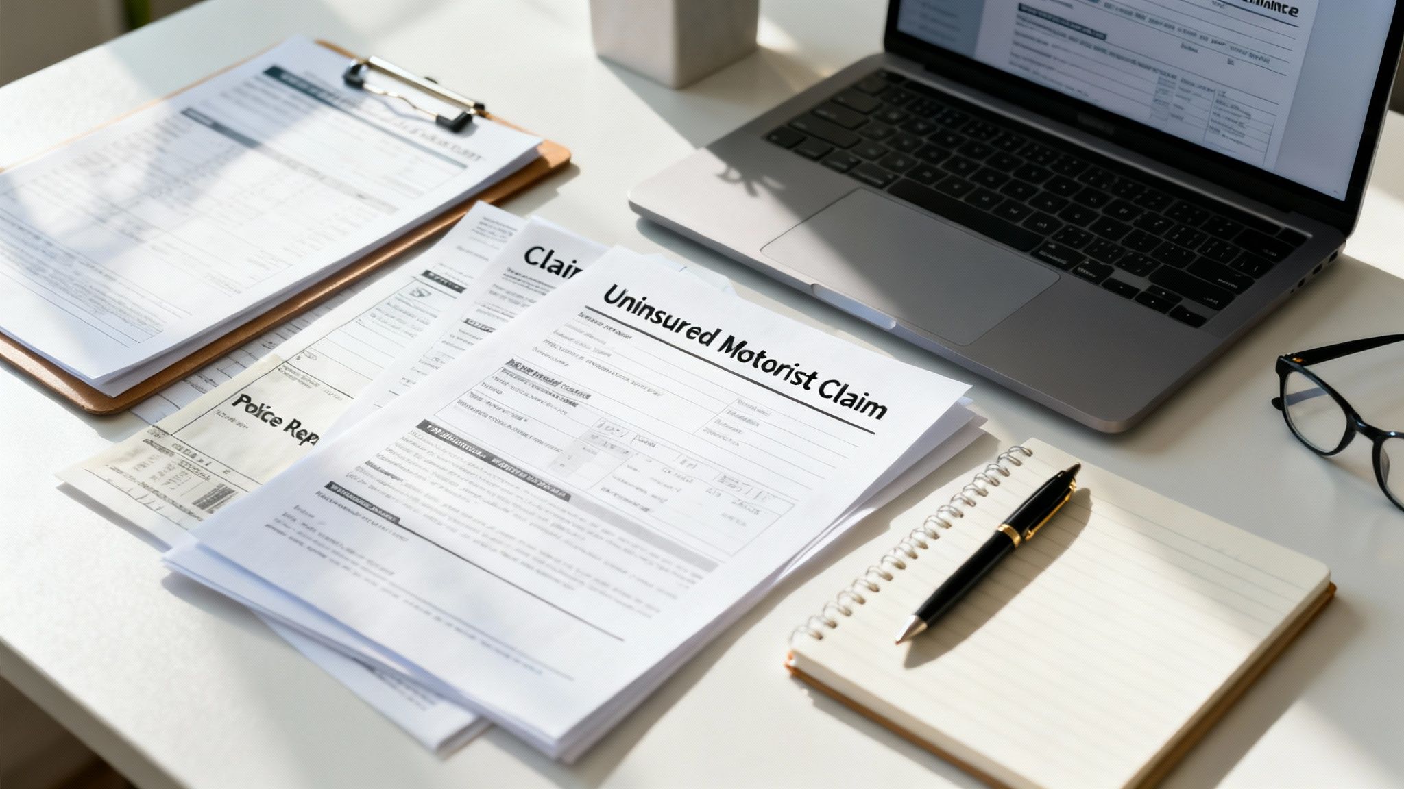 Desk with Uninsured Motorist Claim form, police report, laptop, notepad, and glasses for processing.