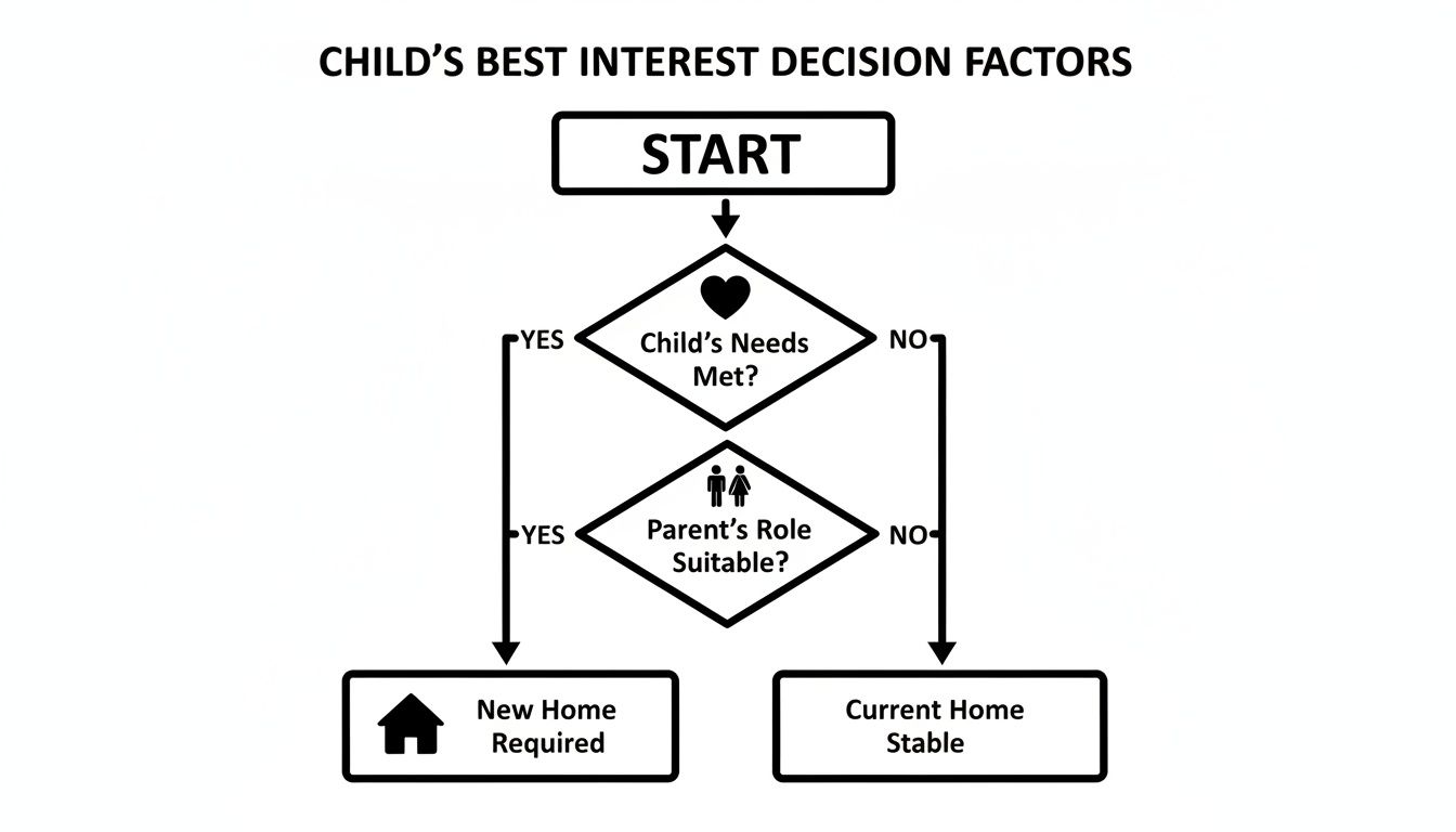 Flowchart illustrating child's best interest decision factors based on needs and parent suitability for home stability.