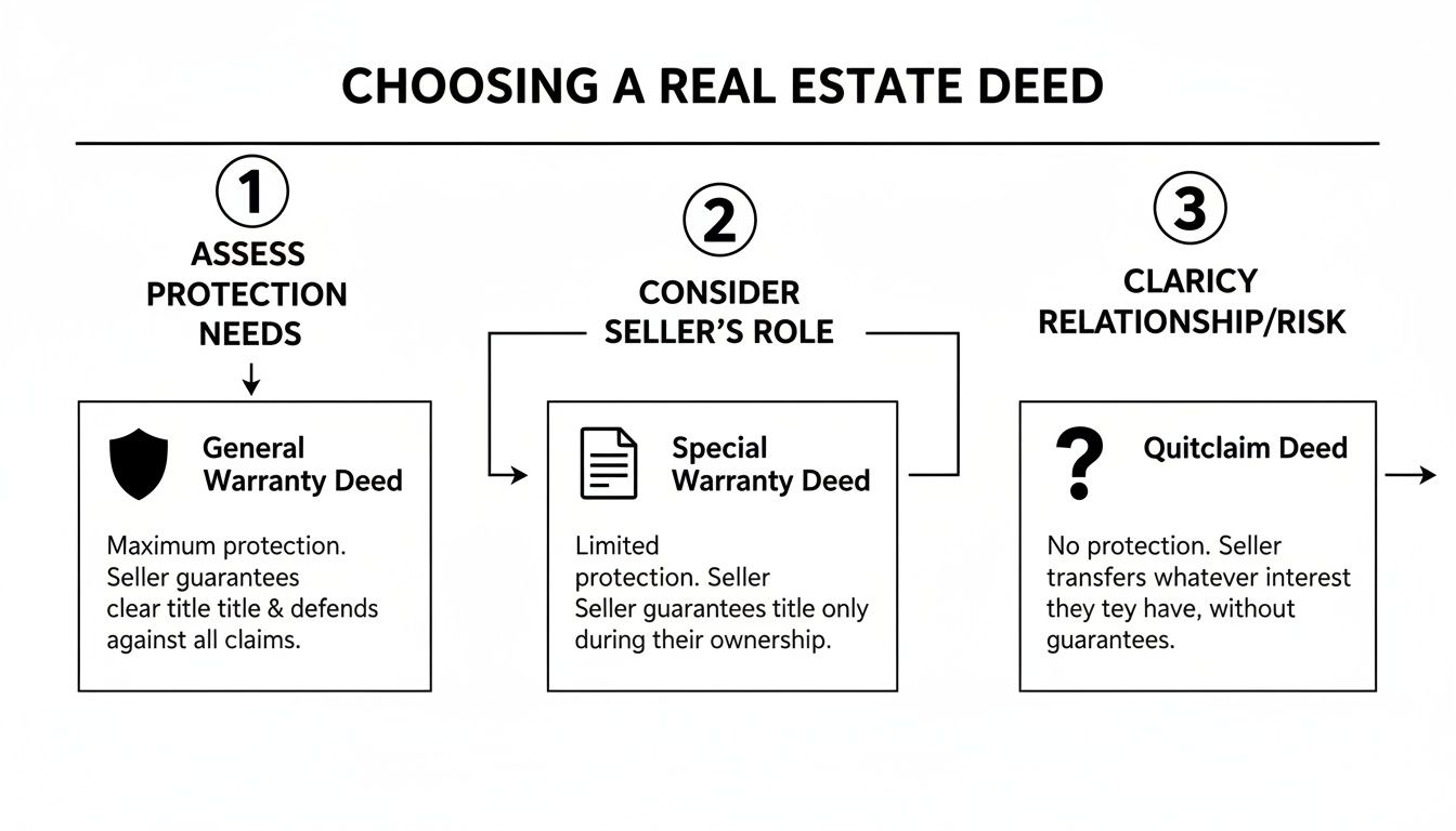 Flowchart illustrating the process of choosing a real estate deed based on protection, seller's role, and risk.