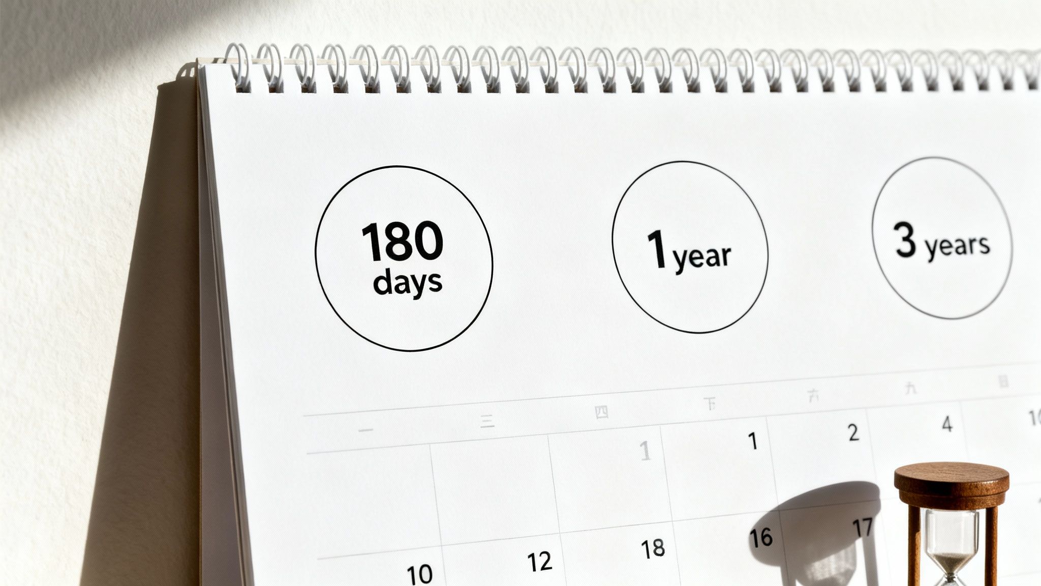 White desk calendar showing '180 days,' '1 year,' and '3 years' marked, with an hourglass.