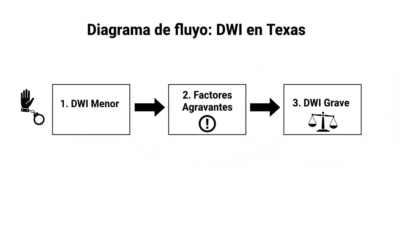 Diagrama de flujo que ilustra las etapas de un DWI en Texas: menor, factores agravantes y grave, con iconos relevantes.