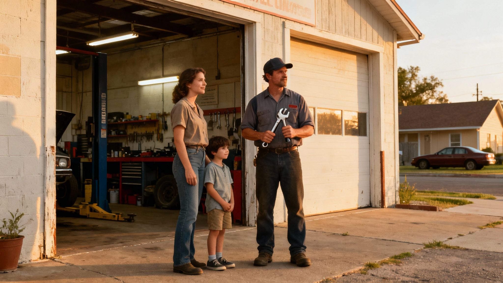 Familia sonriente frente a un taller mecánico al atardecer; el padre sostiene una llave inglesa, la madre y el hijo miran.